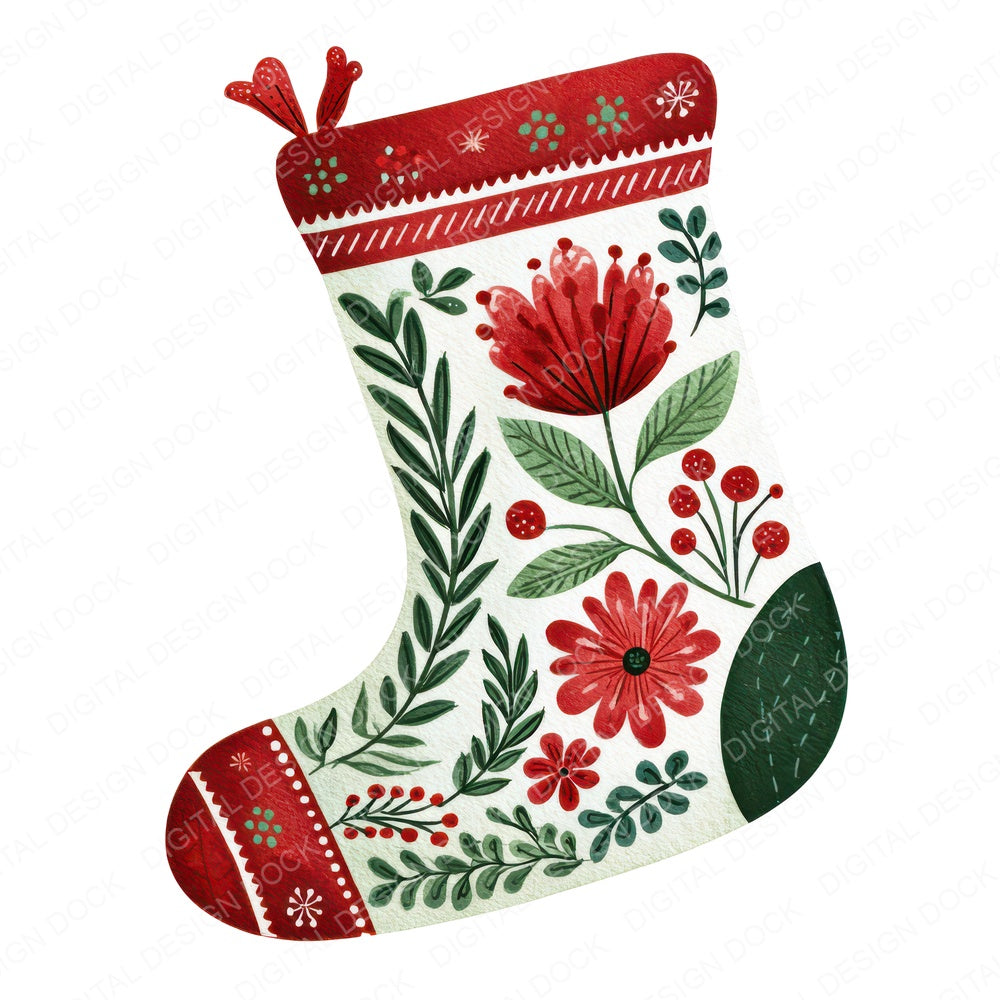 Folk Art Christmas Stocking fussy cut sheet in US Letter format showing all 12 designs on one printable page