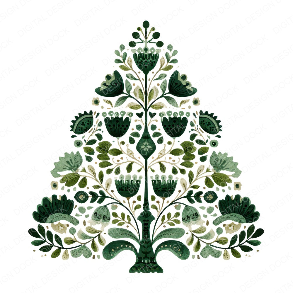 Folk Art Christmas Tree B fussy cut sheet in A4 format showing all 12 designs on one printable page