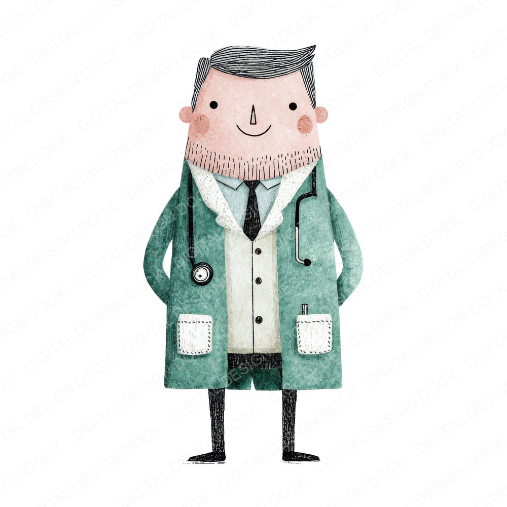 Folk Art Doctor Character fussy cut sheet in A4 format showing all 12 designs on one printable page