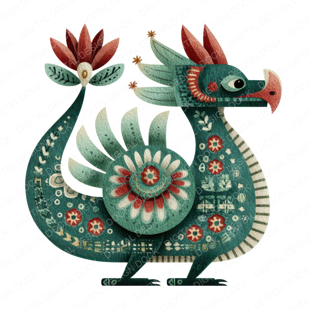 Folk Art Dragon fussy cut sheet in A4 format showing all 12 designs on one printable page