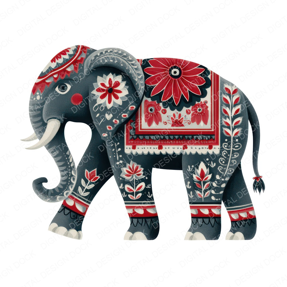 Folk Art Elephant fussy cut sheet in A4 format showing all 12 designs on one printable page