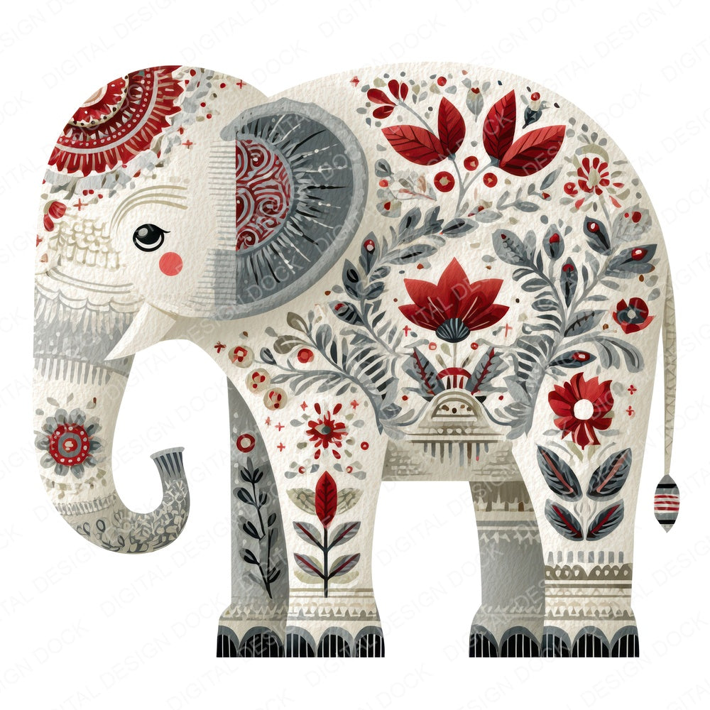 Folk Art Elephant fussy cut sheet in US Letter format showing all 12 designs on one printable page