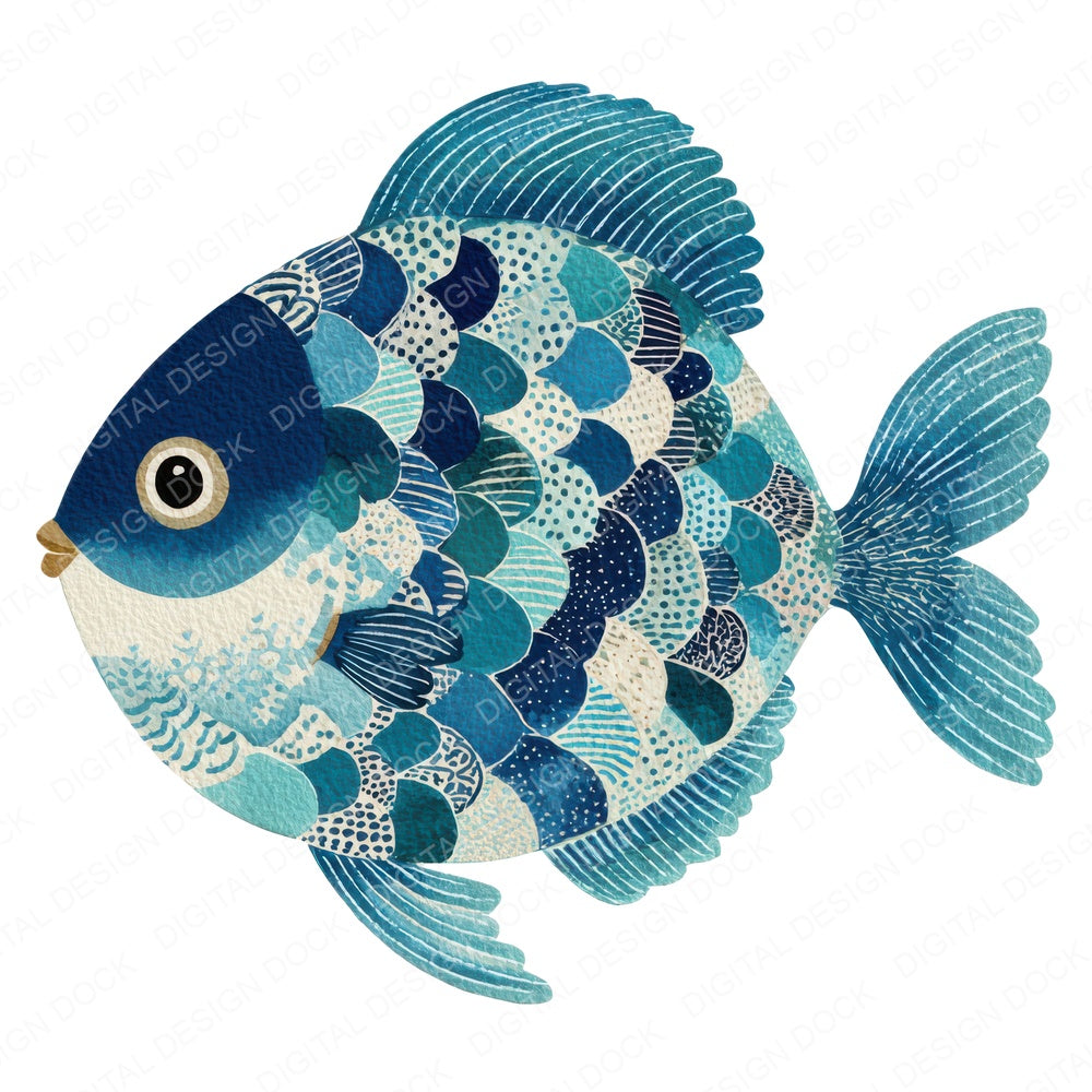 Folk Art Fish fussy cut sheet in US Letter format showing all 12 designs on one printable page