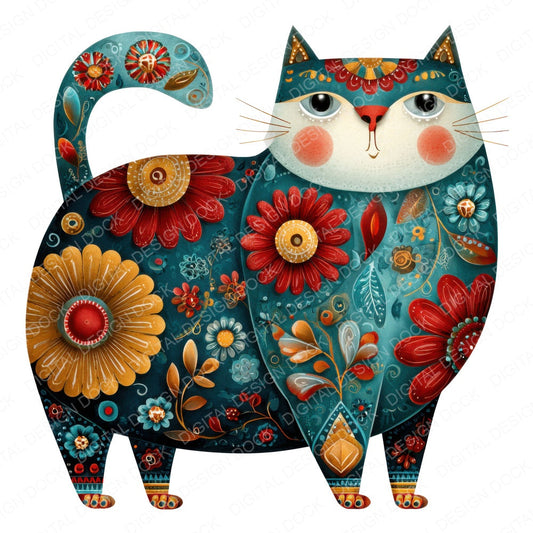Folk Art Floral Cat fussy cut sheet in A4 format showing all 12 designs on one printable page