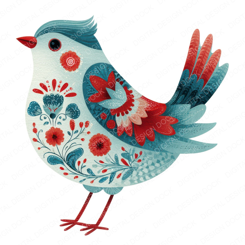 Folk Art Floral Christmas Bird fussy cut sheet in A4 format showing all 12 designs on one printable page