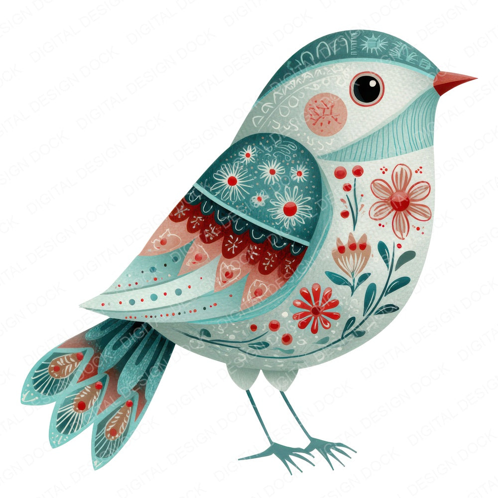 Folk Art Floral Christmas Bird fussy cut sheet in US Letter format showing all 12 designs on one printable page