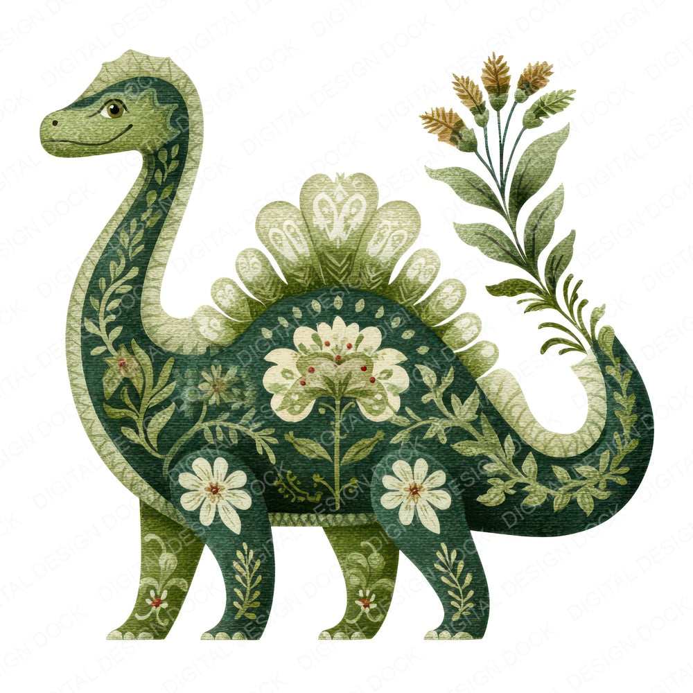 Folk Art Floral Dinosaur fussy cut sheet in A4 format showing all 12 designs on one printable page
