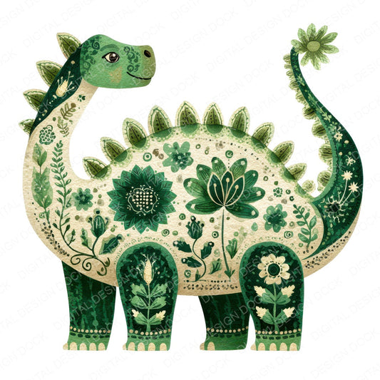 Folk Art Floral Dinosaur fussy cut sheet in US Letter format showing all 12 designs on one printable page