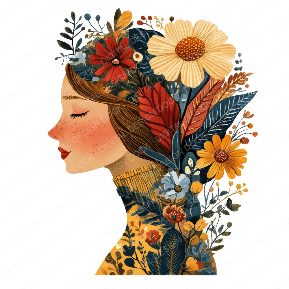 Folk Art Floral Woman fussy cut sheet in US Letter format showing all 12 designs on one printable page