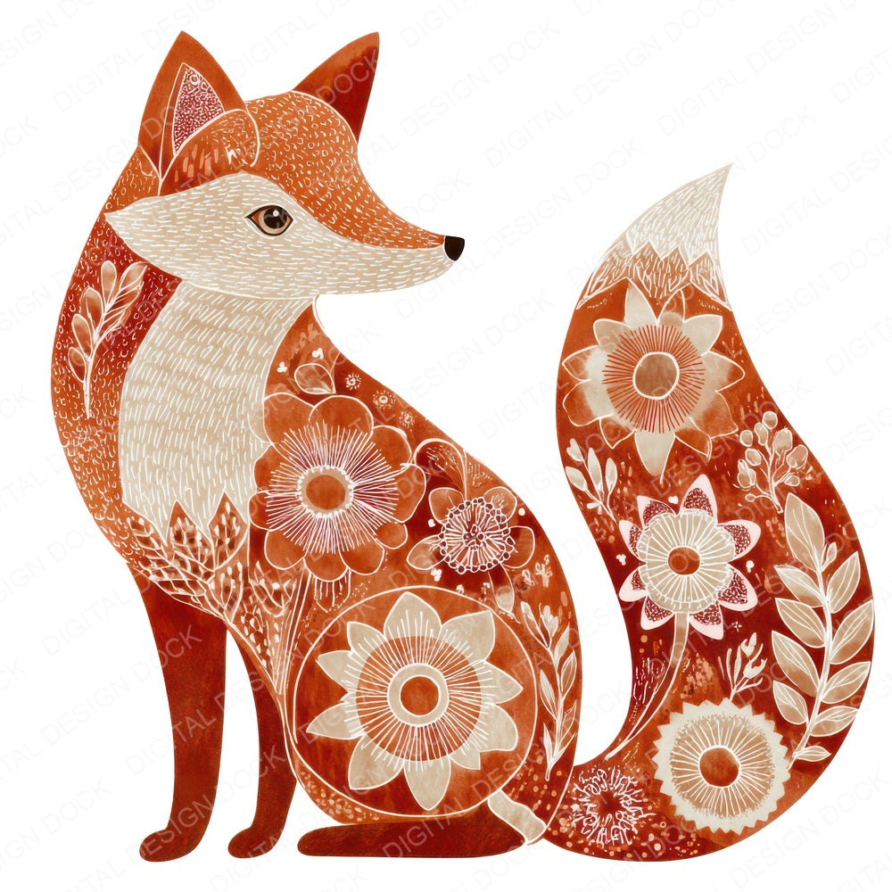 Folk Art Fox fussy cut sheet in A4 format showing all 12 designs on one printable page