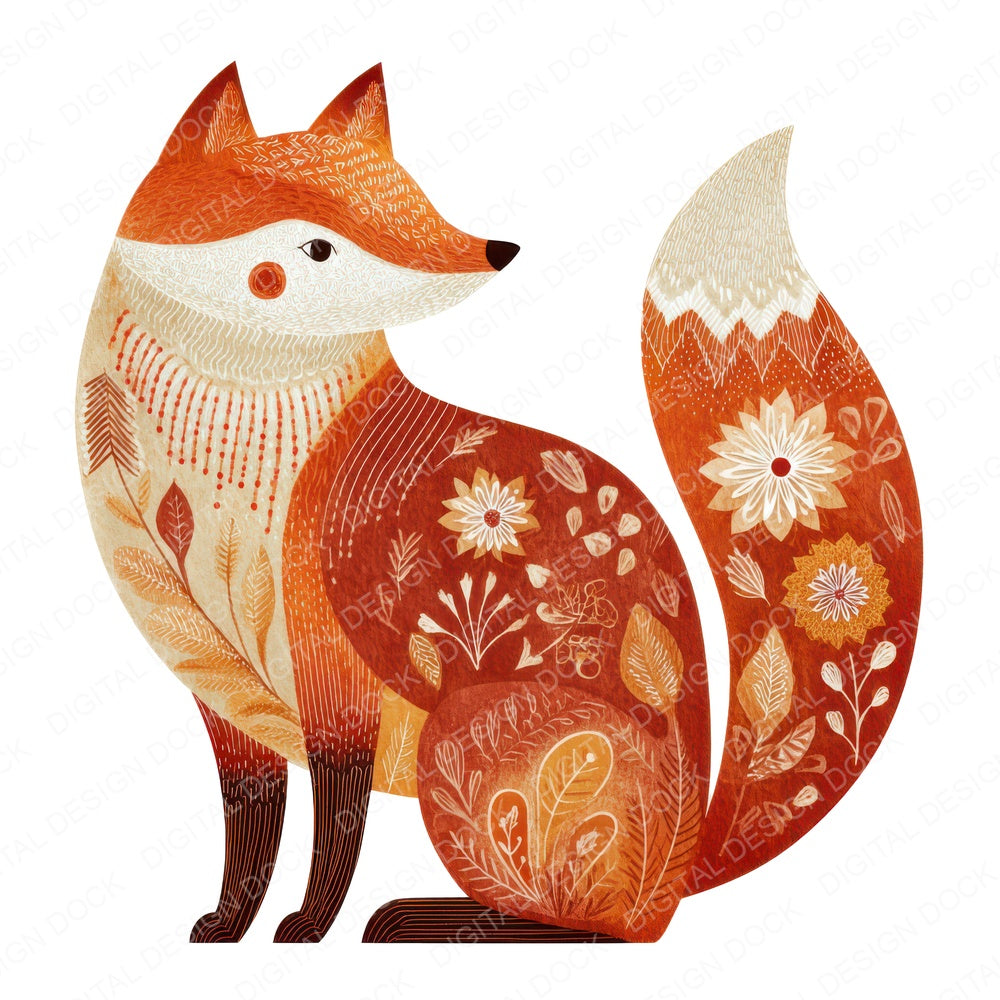 Folk Art Fox fussy cut sheet in US Letter format showing all 12 designs on one printable page