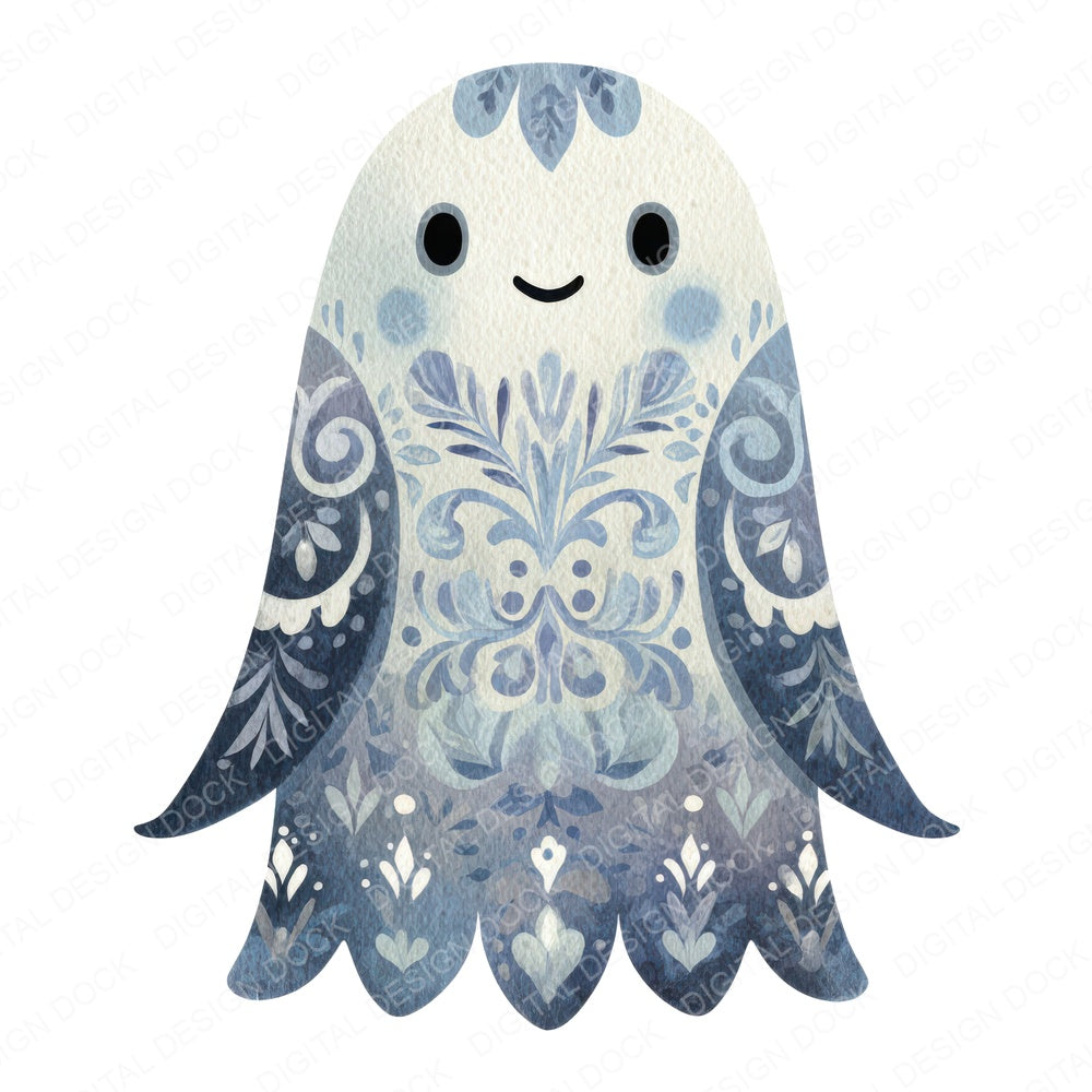 Folk Art Halloween Ghost fussy cut sheet in A4 format showing all 12 designs on one printable page