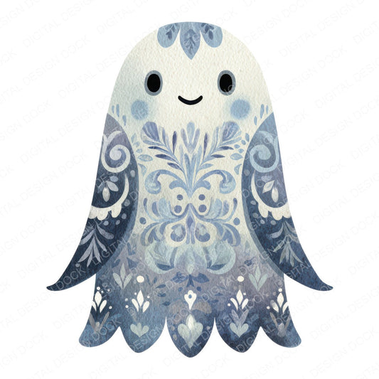 Folk Art Halloween Ghost fussy cut sheet in A4 format showing all 12 designs on one printable page
