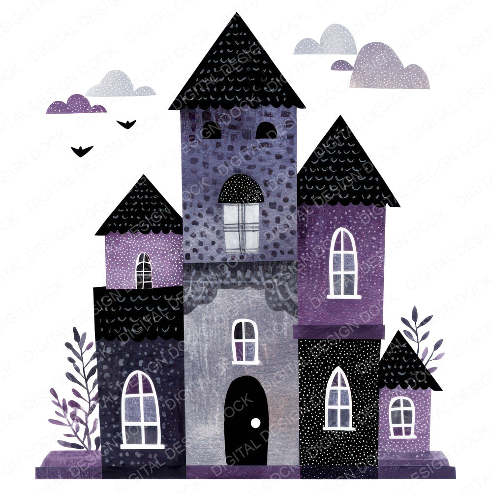 Folk Art Halloween House fussy cut sheet in A4 format showing all 12 designs on one printable page