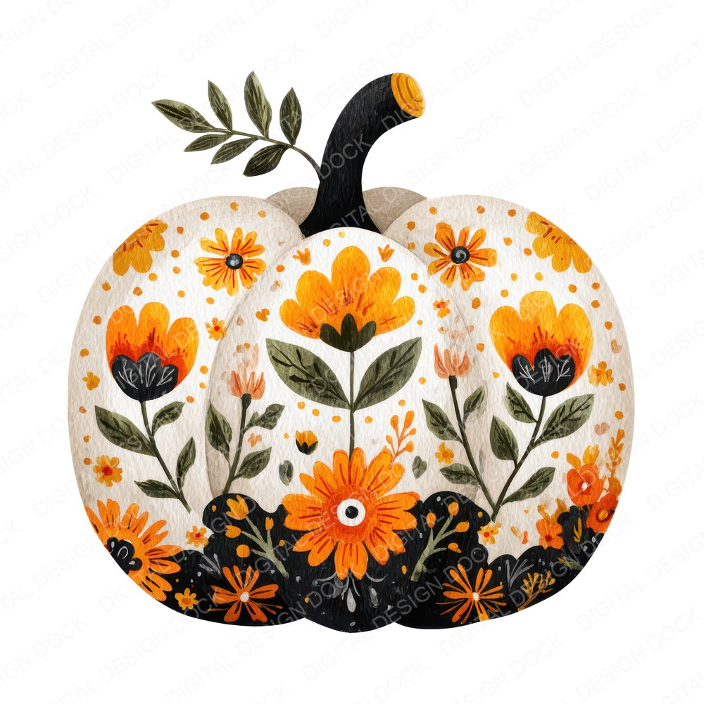 Folk Art Halloween Pumpkin fussy cut sheet in A4 format showing all 12 designs on one printable page