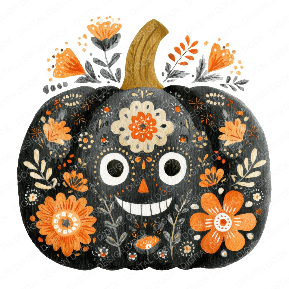 Folk Art Halloween Pumpkin fussy cut sheet in US Letter format showing all 12 designs on one printable page