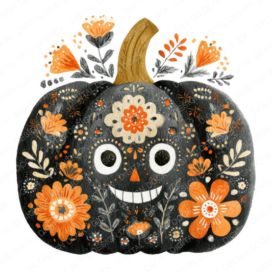Folk Art Halloween Pumpkin fussy cut sheet in US Letter format showing all 12 designs on one printable page