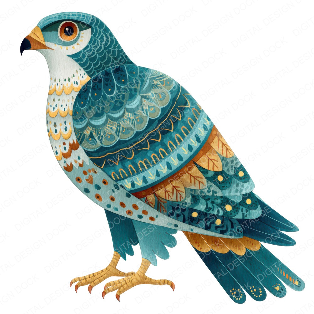 Folk Art Hawk fussy cut sheet in US Letter format showing all 12 designs on one printable page