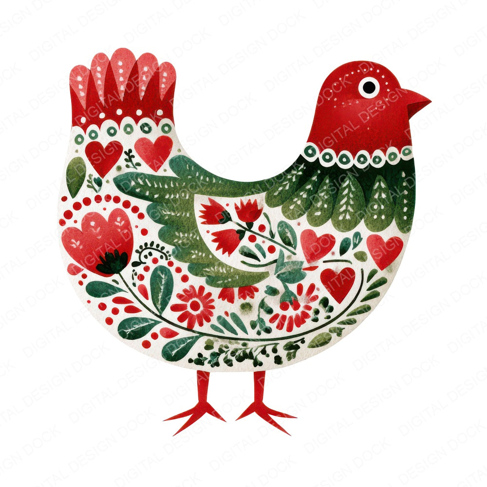 Folk Art Heart Christmas Bird fussy cut sheet in A4 format showing all 12 designs on one printable page