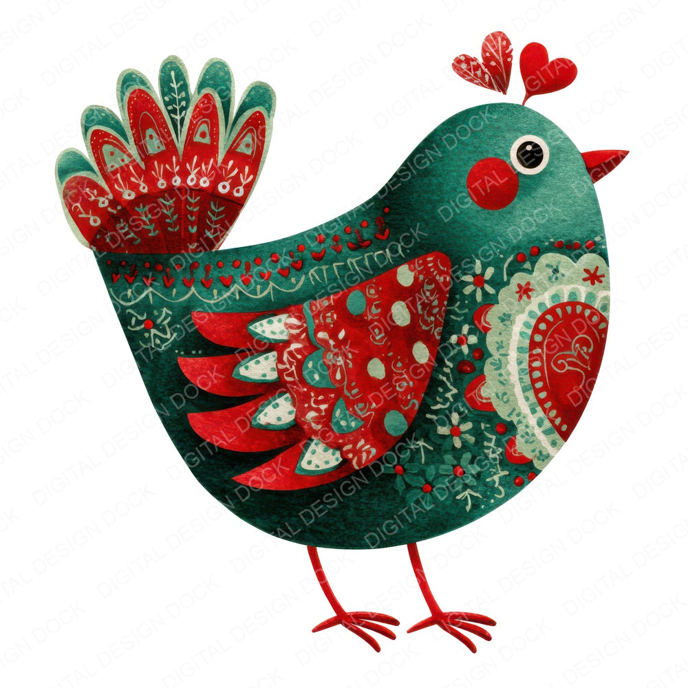 Folk Art Heart Christmas Bird fussy cut sheet in US Letter format showing all 12 designs on one printable page