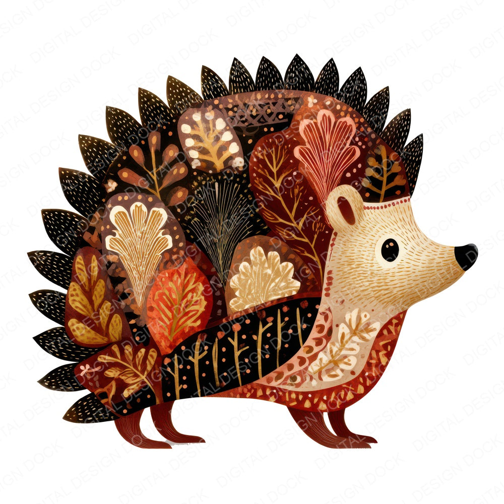 Folk Art Hedgehog fussy cut sheet in US Letter format showing all 12 designs on one printable page