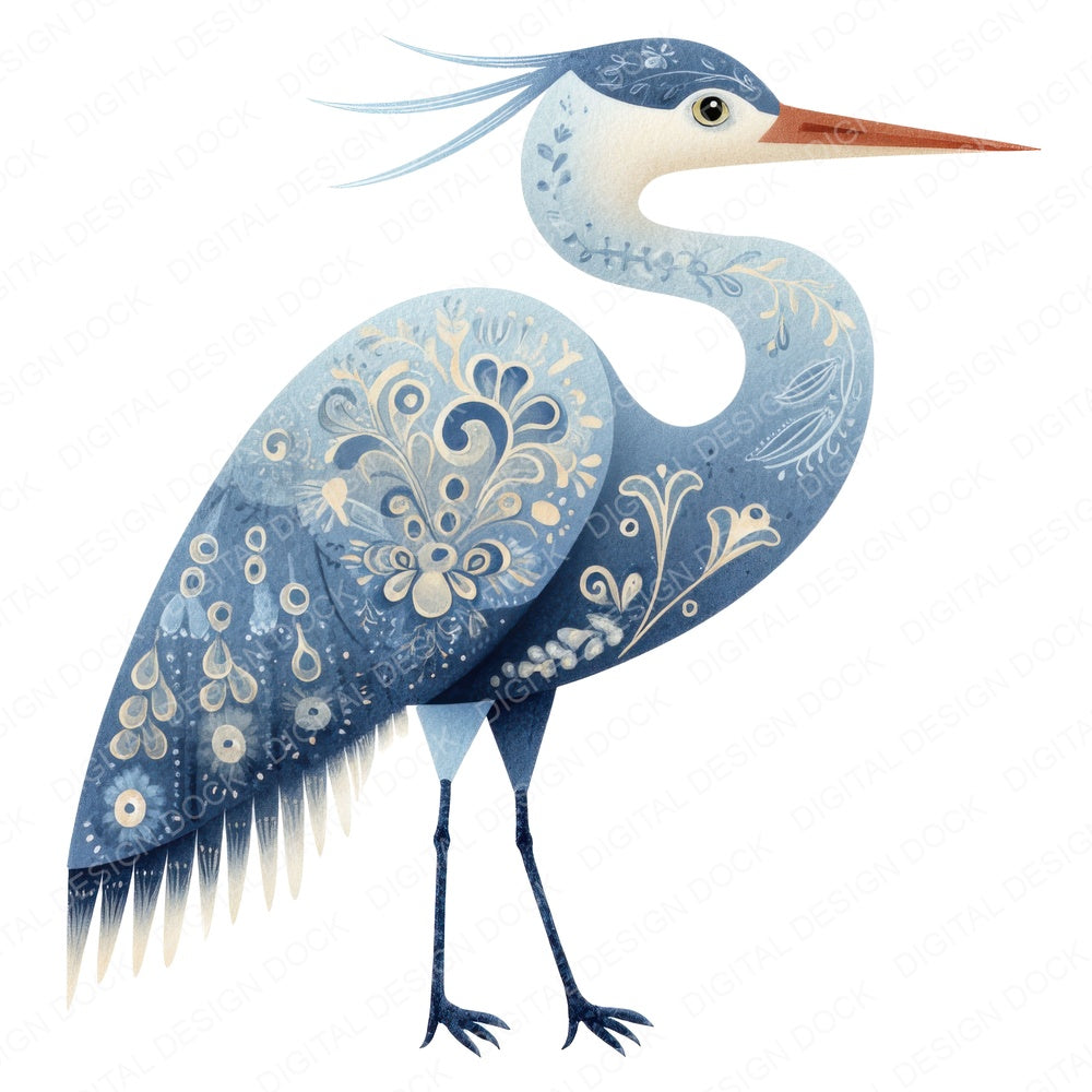 Folk Art Heron fussy cut sheet in A4 format showing all 12 designs on one printable page