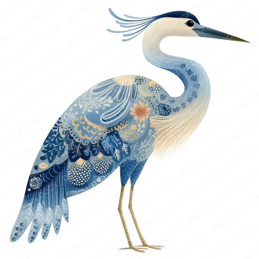 Folk Art Heron fussy cut sheet in US Letter format showing all 12 designs on one printable page