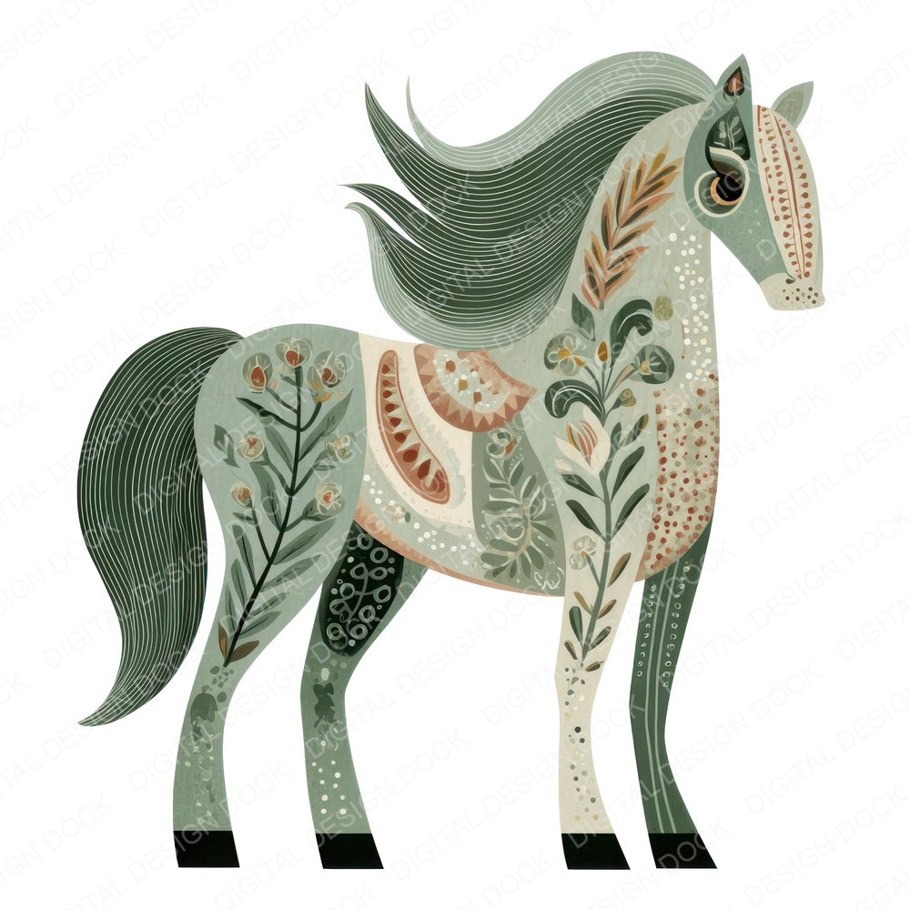 Folk Art Horse fussy cut sheet in A4 format showing all 12 designs on one printable page
