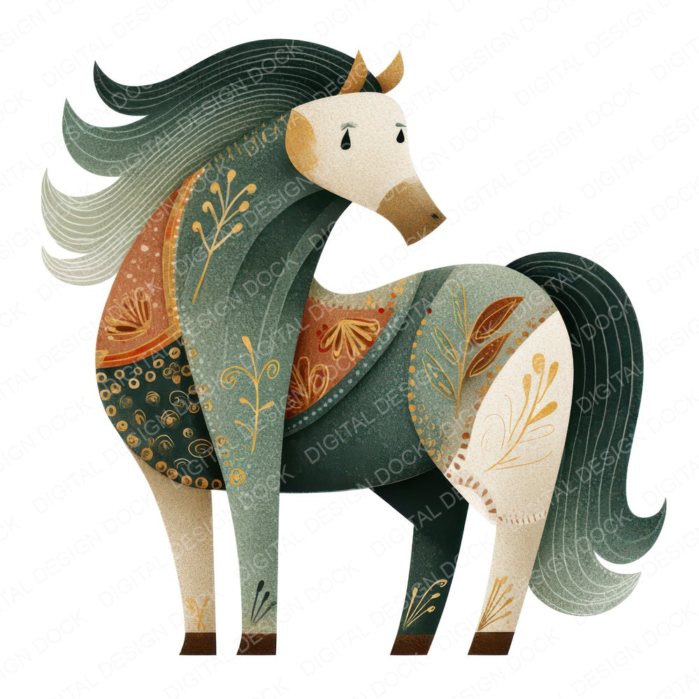 Folk Art Horse fussy cut sheet in US Letter format showing all 12 designs on one printable page