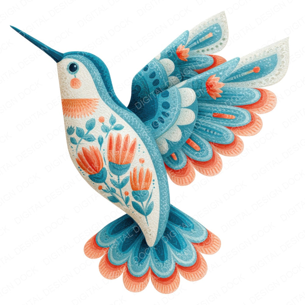 Folk Art Hummingbird fussy cut sheet in A4 format showing all 12 designs on one printable page