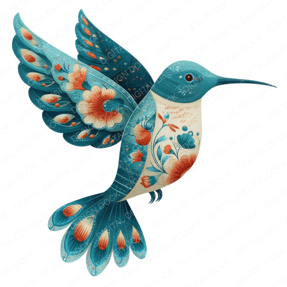 Folk Art Hummingbird fussy cut sheet in US Letter format showing all 12 designs on one printable page