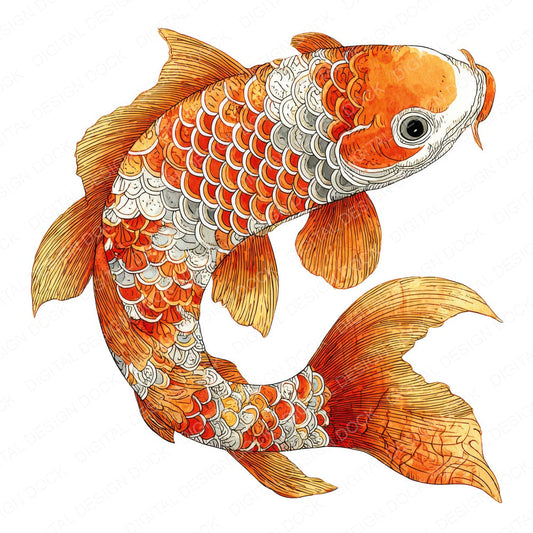 Folk Art Koi Carp fussy cut sheet in A4 format showing all 12 designs on one printable page
