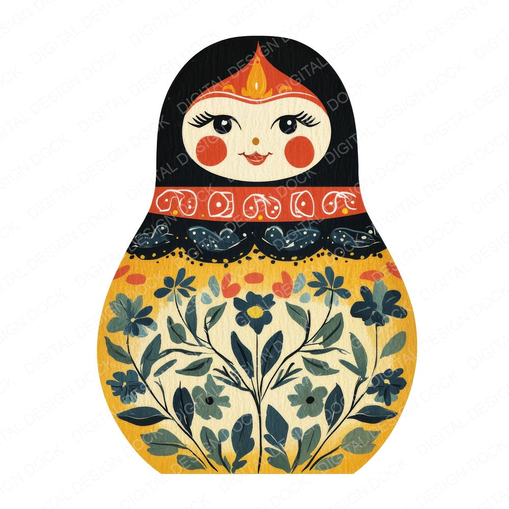 Folk Art Matryoshka Doll fussy cut sheet in A4 format showing all 12 designs on one printable page