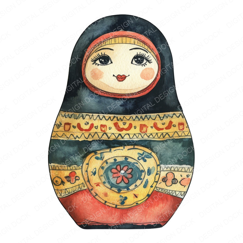 Folk Art Matryoshka Doll fussy cut sheet in US Letter format showing all 12 designs on one printable page