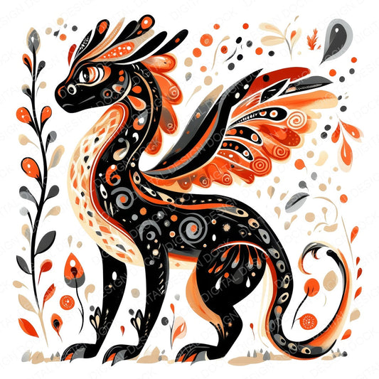 Folk Art Medieval Dragon fussy cut sheet in A4 format showing all 12 designs on one printable page