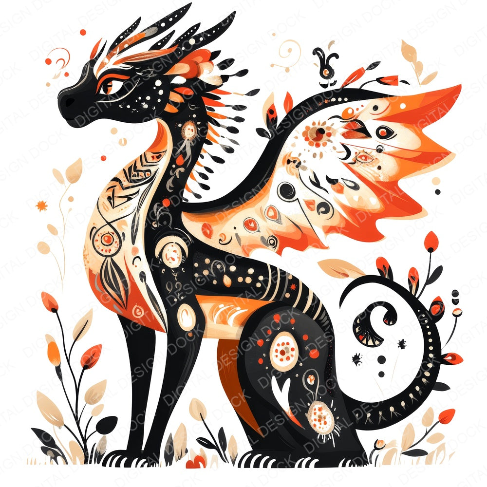 Folk Art Medieval Dragon fussy cut sheet in US Letter format showing all 12 designs on one printable page
