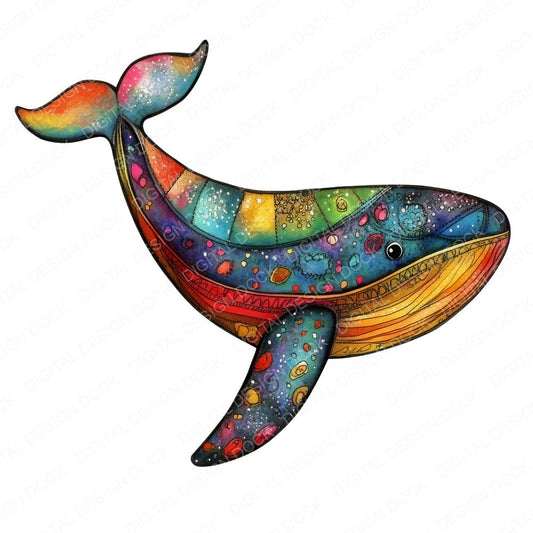 Folk Art Nursery Whale fussy cut sheet in A4 format showing all 12 designs on one printable page
