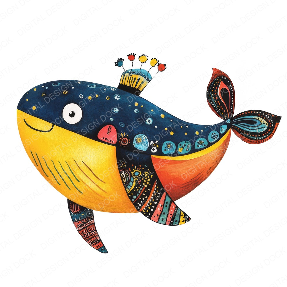 Folk Art Nursery Whale fussy cut sheet in US Letter format showing all 12 designs on one printable page