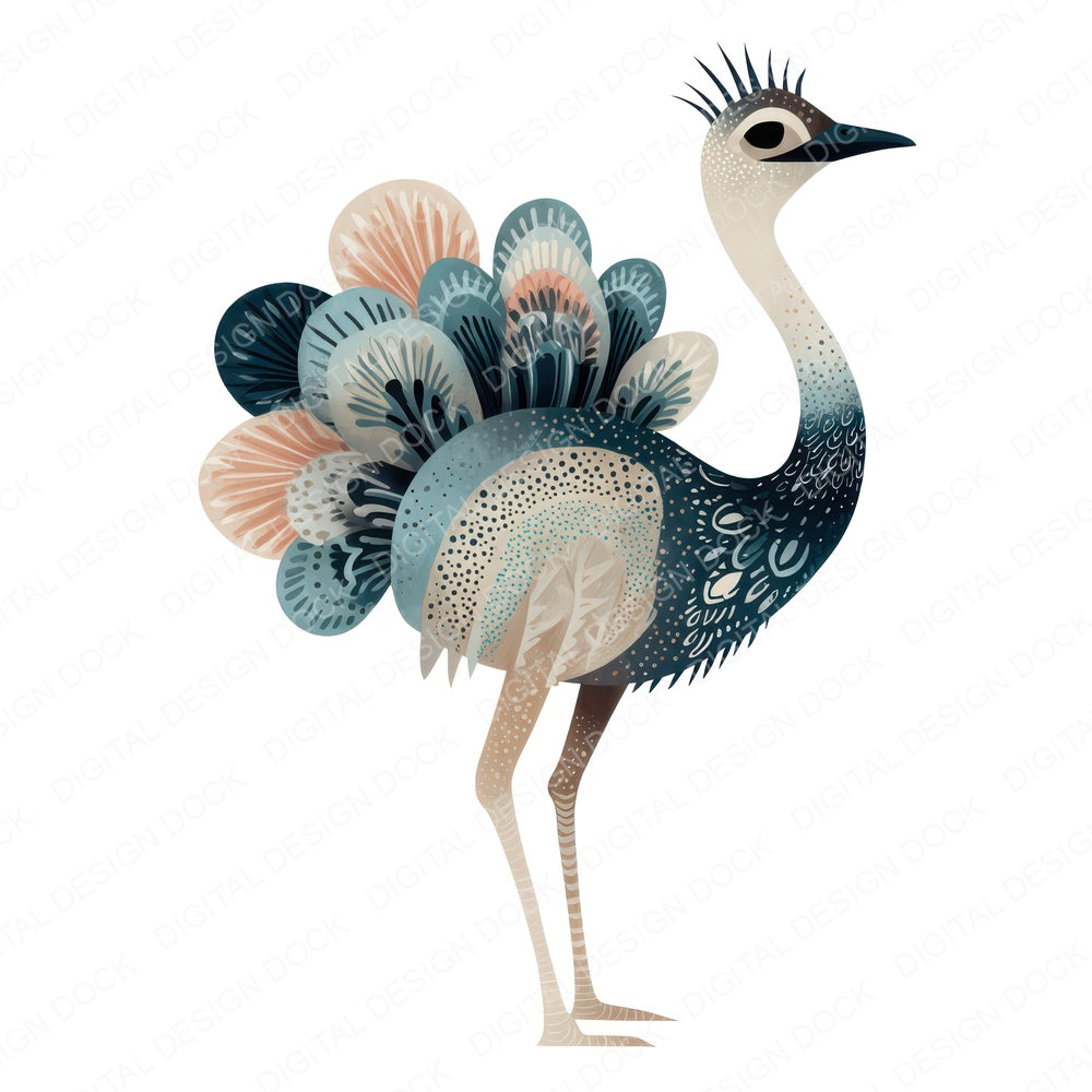 Folk Art Ostrich fussy cut sheet in A4 format showing all 12 designs on one printable page