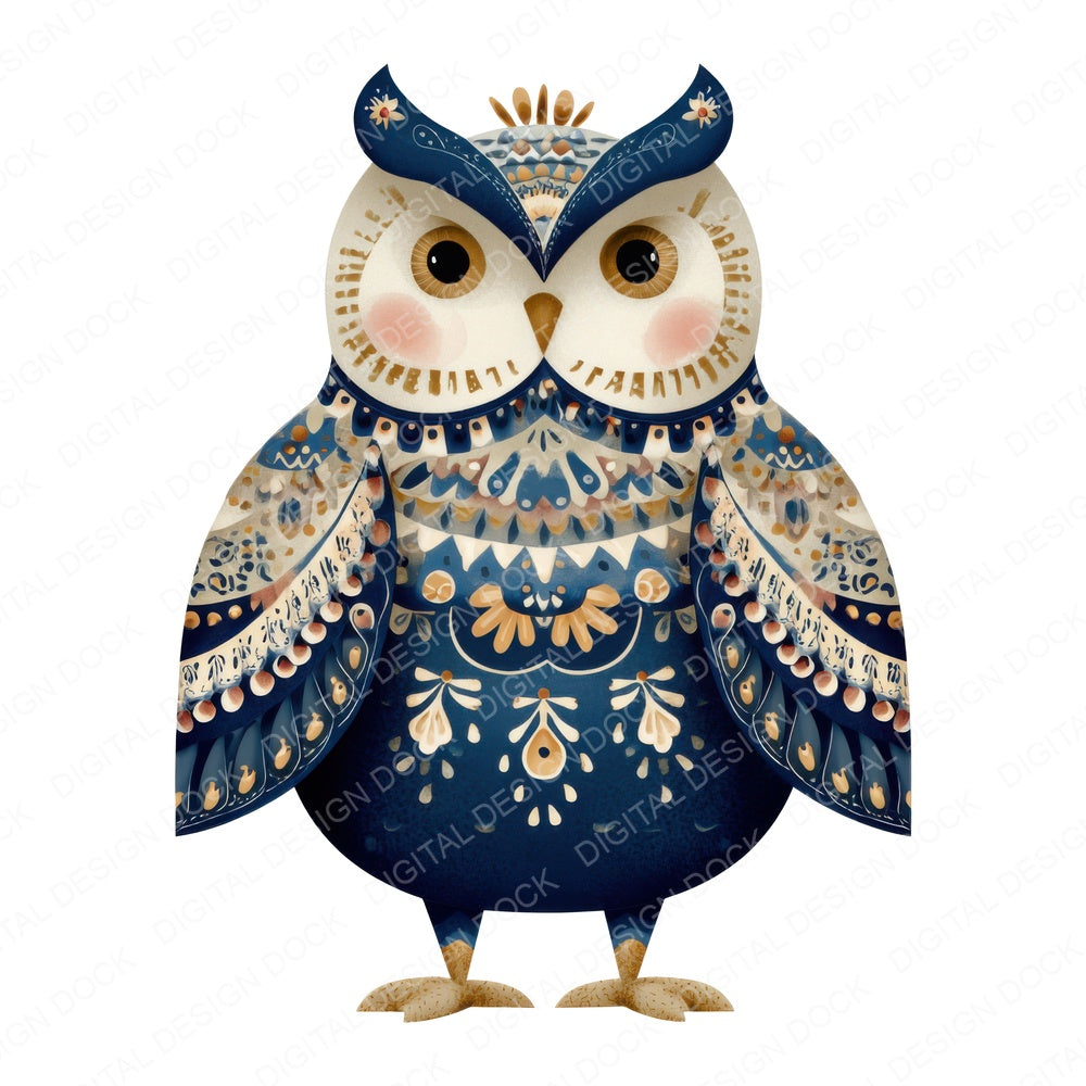 Folk Art Patterned Owl fussy cut sheet in A4 format showing all 12 designs on one printable page