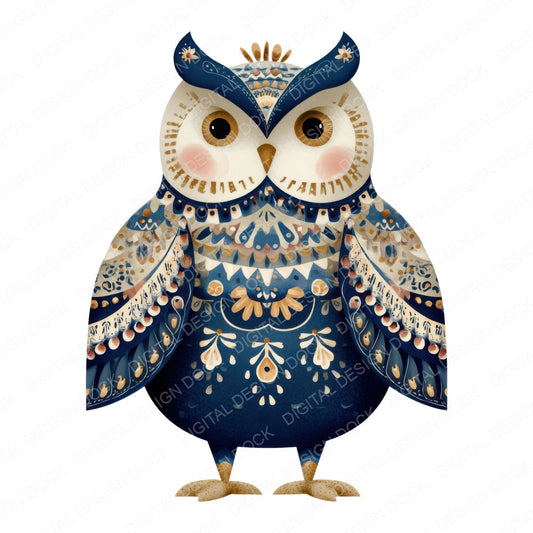 Folk Art Patterned Owl fussy cut sheet in A4 format showing all 12 designs on one printable page