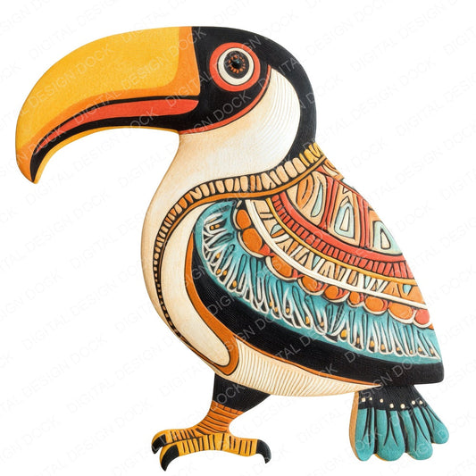 Folk Art Patterned Toucan fussy cut sheet in A4 format showing all 12 designs on one printable page