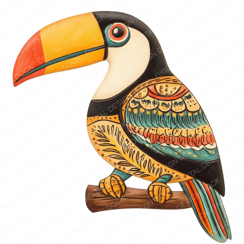 Folk Art Patterned Toucan fussy cut sheet in US Letter format showing all 12 designs on one printable page