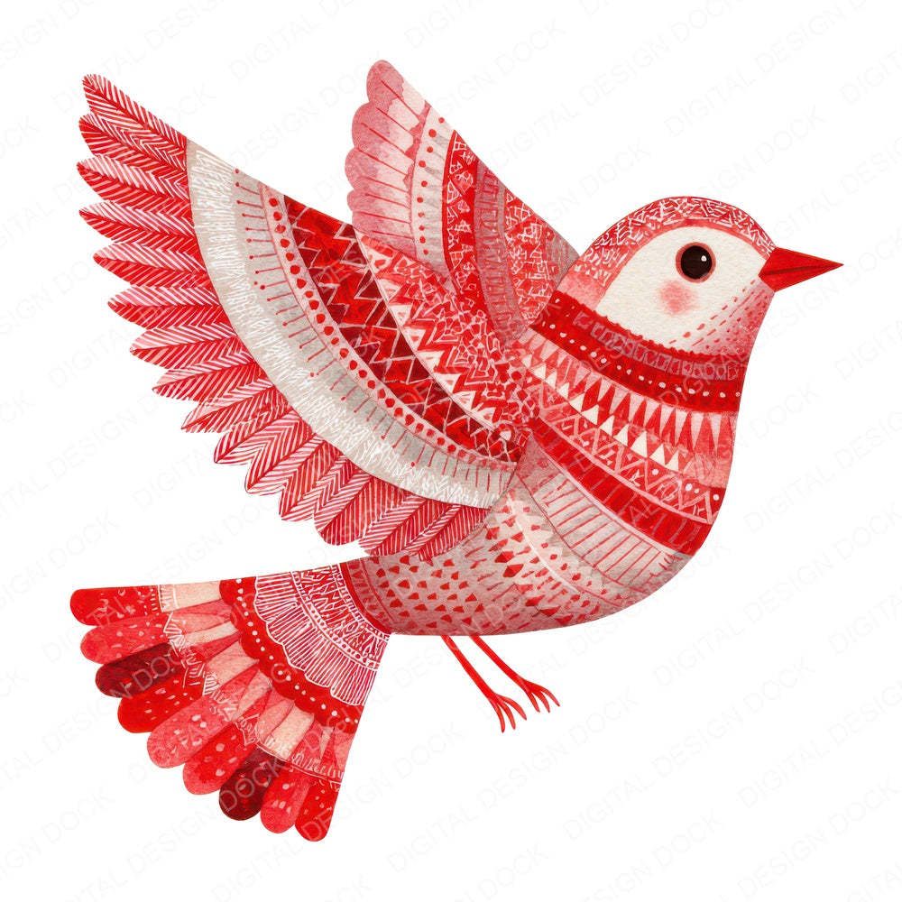 Folk Art Red Christmas Bird fussy cut sheet in A4 format showing all 12 designs on one printable page