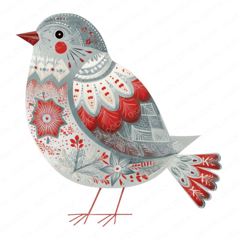 Folk Art Snowflake Christmas Bird fussy cut sheet in A4 format showing all 12 designs on one printable page