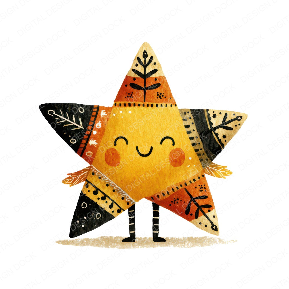 Folk Art Star Character fussy cut sheet in A4 format showing all 12 designs on one printable page