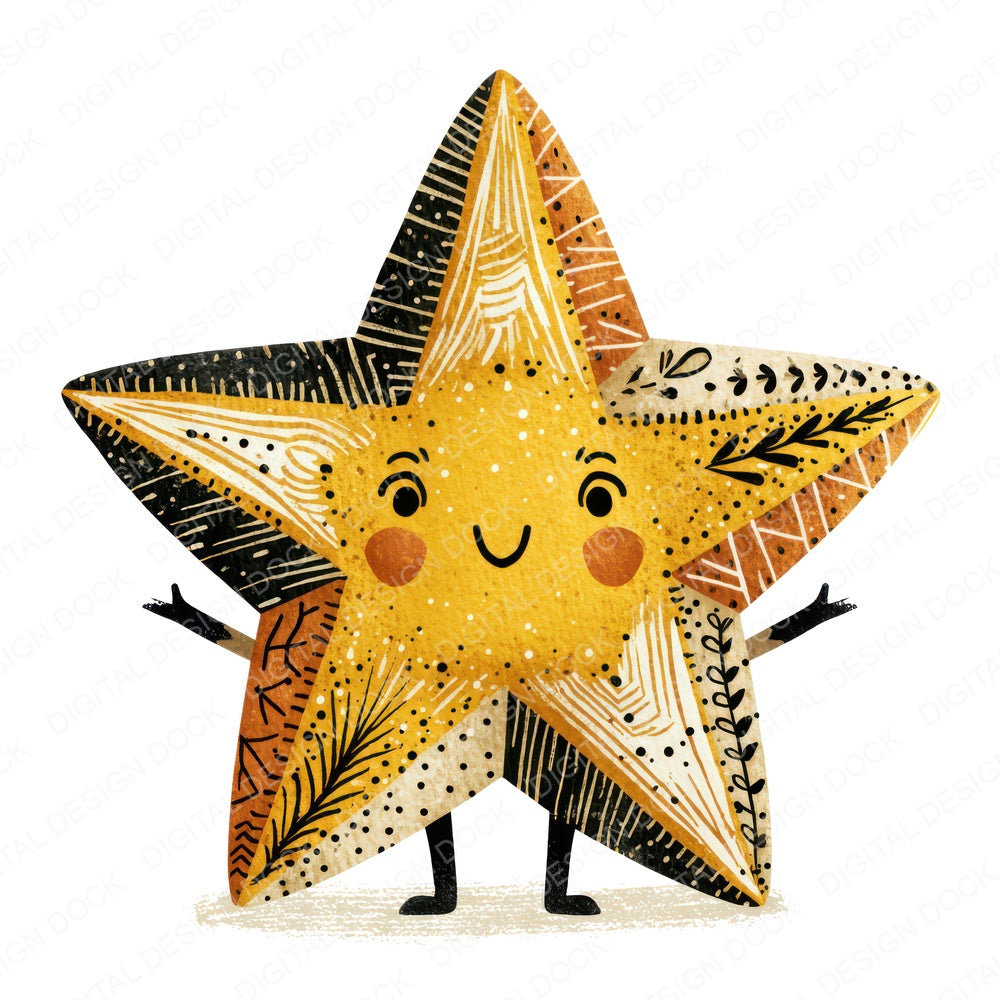 Folk Art Star Character fussy cut sheet in US Letter format showing all 12 designs on one printable page