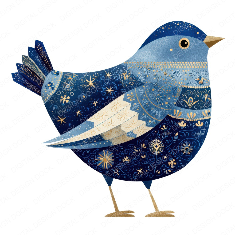 Folk Art Star Christmas Bird fussy cut sheet in A4 format showing all 12 designs on one printable page