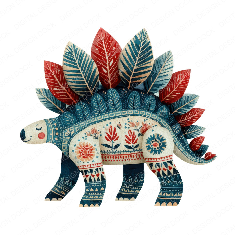 Folk Art Stegosaurus fussy cut sheet in A4 format showing all 12 designs on one printable page