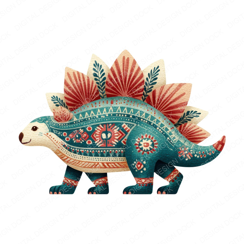 Folk Art Stegosaurus fussy cut sheet in US Letter format showing all 12 designs on one printable page